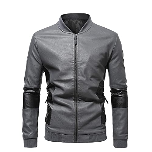 Saclerpnt Herren Patchwork Lederjacke Mode Stehkragen Motorradjacke Reißverschluss Übergangsjacke Slim Fit Bikerjacke(Grau,L) von Saclerpnt