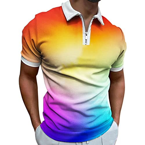 Saclerpnt Herren Poloshirt Kurzarm 3D Druck Bunt Polo Shirts Reißverschluss Farbverlauf Polohemd Slim-Fit Golf T-Shirt Klassisch Revers Oberteile(Orange,XXL) von Saclerpnt