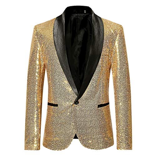 Saclerpnt Herren Sakko Slim-Fit Pailletten Glitzer Anzugjacke Party Revers Blazer Freizeit Anzug Jacket Smoking(Gold,L) von Saclerpnt