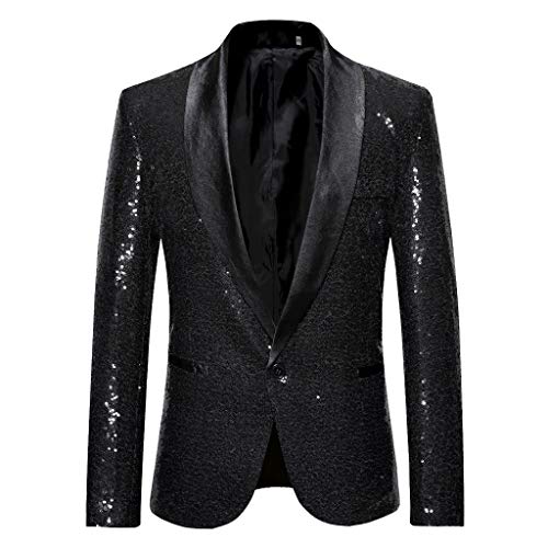 Saclerpnt Herren Sakko Slim-Fit Pailletten Glitzer Anzugjacke Party Revers Blazer Freizeit Anzug Jacket Smoking(Schwarz,L) von Saclerpnt