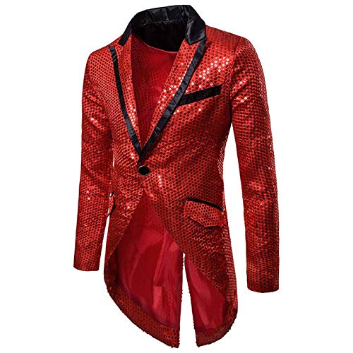 Saclerpnt Herren Sakko Slim-Fit Pailletten Smoking Anzugjacke Mode Party Revers Blazer Freizeit Anzug Jacket(Rot，M) von Saclerpnt