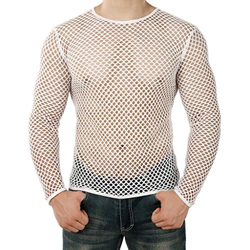 Saclerpnt Herren Transparent Shirt Mesh Langarm Oberteil Muskel Top Netz Unterhemd Club Bar Langarmshirt(Weiß,XXL) von Saclerpnt