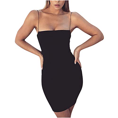 Saclerpnt Kleider Damen Einfarbiges Minikleider Elegant Bodycon Kleid Spaghetti Strap Stretchy Partykleider,Schwarz,S von Saclerpnt