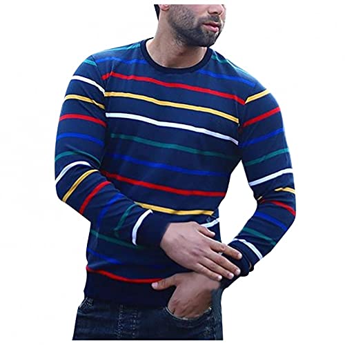 Saclerpnt Langarm Top Herren Bunt Gestreift Rundhals Ausschnitt Langarmshirts Slim Fit Bequem Langarmshirt(Blau,XXL) von Saclerpnt