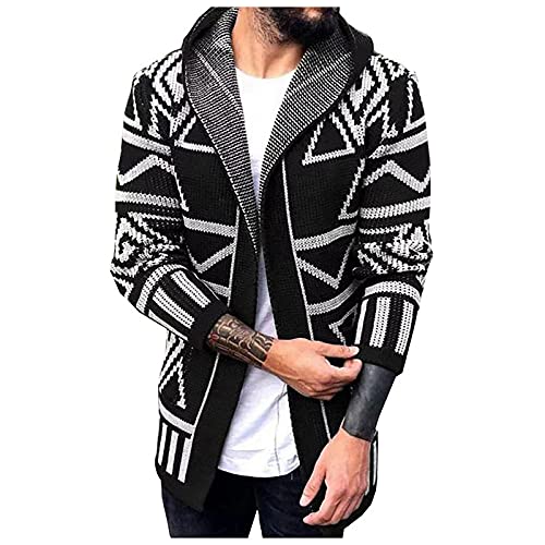 Saclerpnt Lange Strickjacke Herren Winter Warm Jacquard Cardigan Basic Gestrickte Open Jacke Langarm Kapuzenstrickjacke(Schwarz,M) von Saclerpnt