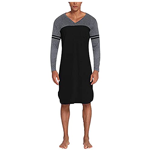 Saclerpnt Nachthemd Herren V-Ausschnitt Loungewear Lang Pyjama Nachtwäsche Langarm Herren Soft Schlafhemd(Schwarz,XL) von Saclerpnt