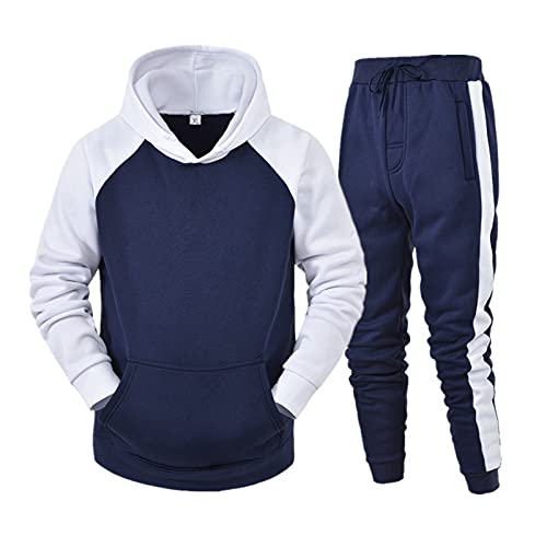 Saclerpnt Patchwork Trainingsanzug Herren Casual Pullover Jogginganzug Sweatshirt Hose Set Basic Hoodies Sportanzug(Navy,S) von Saclerpnt