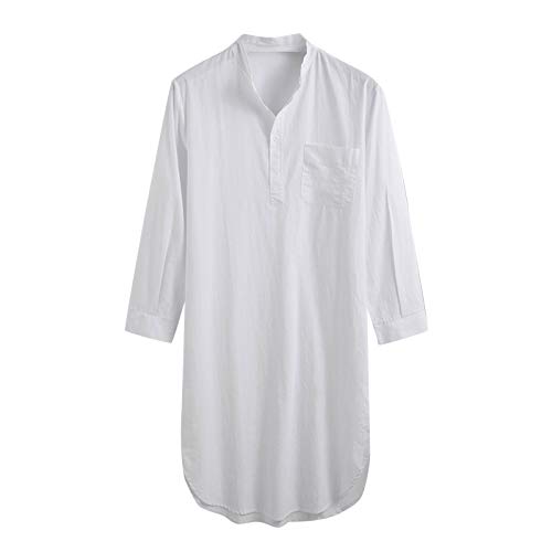 Saclerpnt Roben Herren Einteiliger Schlafanzug Pyjama Lange Langarm Robe Mode Rundhals Nachthemd mit Knopfleiste(Weiß,3XL) von Saclerpnt