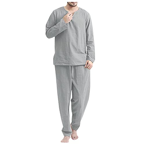 Saclerpnt Schlafanzug Herren Baumwolle Leinen Pyjama Sets Casual Sportanzug 2 Teiliges V-Neck Freizeitanzug Set(Grau,L) von Saclerpnt