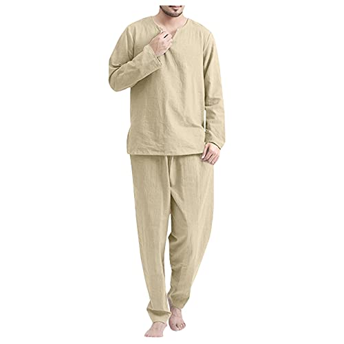 Saclerpnt Schlafanzug Herren Baumwolle Leinen Pyjama Sets Casual Sportanzug 2 Teiliges V-Neck Freizeitanzug Set(Khaki,L) von Saclerpnt