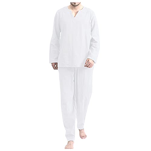 Saclerpnt Schlafanzug Herren Baumwolle Leinen Pyjama Sets Casual Sportanzug 2 Teiliges V-Neck Freizeitanzug Set(Weiß,3XL) von Saclerpnt