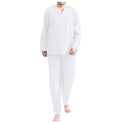 Saclerpnt Schlafanzug Herren Baumwolle Leinen Pyjama Sets Casual Sportanzug 2 Teiliges V-Neck Freizeitanzug Set(Weiß,L) von Saclerpnt