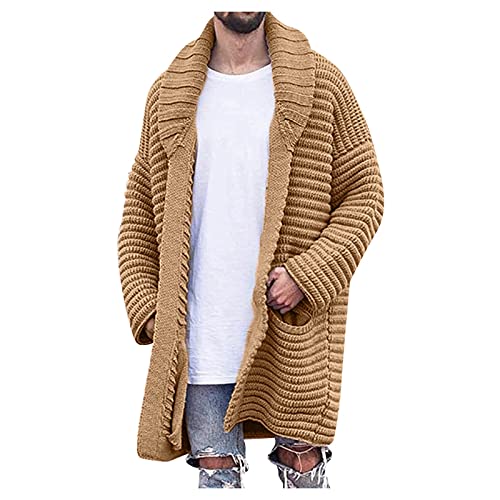 Saclerpnt Strickjacke Lang Cardigan Herren Basic Gestrickte Open Jacke Einfarbige Schalkragen Strickmantel(Khaki,3XL) von Saclerpnt