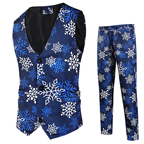 Saclerpnt Weihnachtsanzug Herren Weihnachten Druck V-Ausschnitt Weste Anzug Slim Fit 2 Teilig Anzüge Party Kostüm Anzughose Weste(Blau,L) von Saclerpnt