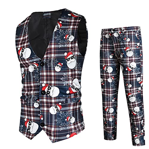 Saclerpnt Weihnachtsanzug Herren Weihnachten Druck V-Ausschnitt Weste Anzug Slim Fit 2 Teilig Anzüge Party Kostüm Anzughose Weste(Lila,4XL) von Saclerpnt