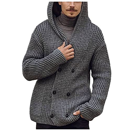 Saclerpnt Zweireiher Strickjacke Herren Dicker Cardigan Langarm Kapuzenstrickjacke Hooded Gestrickte Jacke(Grau,M) von Saclerpnt