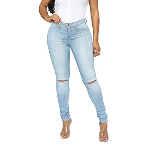 Sommerhose Damen Einfarbig Hohe Taille Jeans Stretch Skinny Denim Zerissene Jeans Denim Hosen Bleistift Hosen mit Löchern,Blau,3XL von Saclerpnt