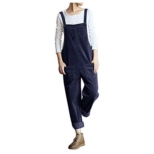 Style Dome Latzhose Damen Elegant Jumpsuit Mit Tasche Loose Overalls Baumwolle Jumpsuit Retro Lange Overall Sommerhose,Blau,2XL von Saclerpnt