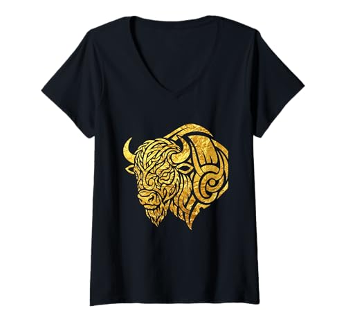 Damen Goldener Stil Tribal Bison Artwork Design T-Shirt mit V-Ausschnitt von Sacred Buffalo