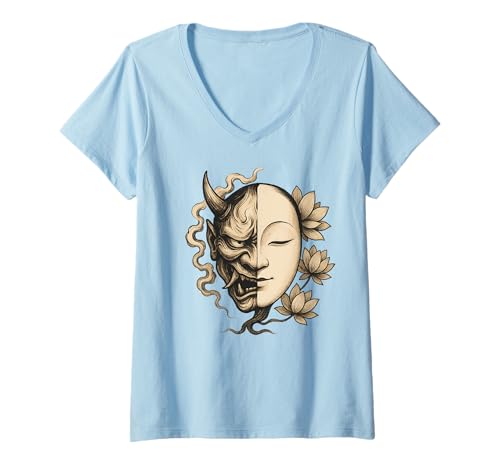 Damen Noh Maske Dämon Buddha Zen Japan Lotus Balance Art T-Shirt mit V-Ausschnitt Damen Noh Maske Dämon Buddha Zen Japan Lotus Balance Art T-Shirt mit V-Ausschnitt von Sacred Dual Noh Spirit Contrast Japan Art Studio