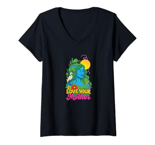 Damen Liebe Deine Mutter Erde Gaia Goddess Nature Spirituelles Design T-Shirt mit V-Ausschnitt von Sacred Earth Thread Arts