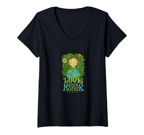 Damen Liebe Deine Mutter Erde Gaia Goddess Nature Spirituelles Design T-Shirt mit V-Ausschnitt von Sacred Earth Thread