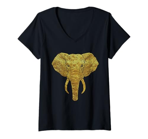 Damen Goldener Stil Tribal Elefant Kunstwerk Design T-Shirt mit V-Ausschnitt Damen Goldener Stil Tribal Elefant Kunstwerk Design T-Shirt mit V-Ausschnitt von Sacred Elephant