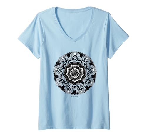 Damen Mandala Sacred Circular Geometrie Dot Work T-Shirt mit V-Ausschnitt von Sacred Geometry