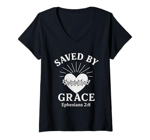 Damen Gerettet von Grace Epheser 2:8 Dornenkrone Christian T-Shirt mit V-Ausschnitt von Sacred Originals