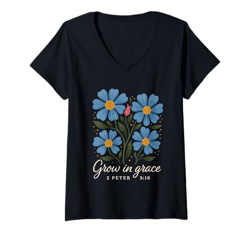Damen Grow In Grace Boho Floral 2 Peter 3:18 Vers Christian T-Shirt mit V-Ausschnitt von Sacred Originals