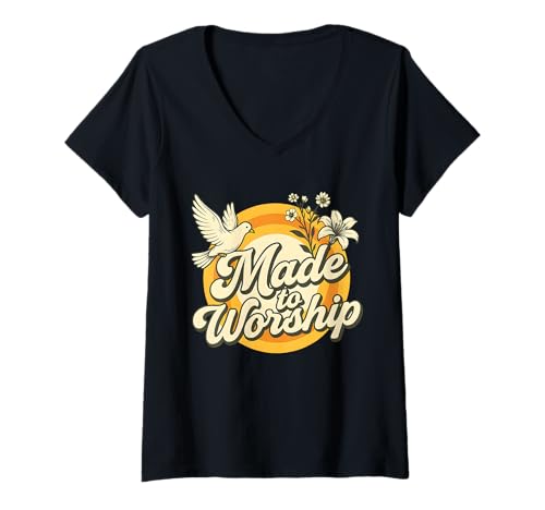Damen Made to Worship Retro Floral Christian Bibelvers T-Shirt mit V-Ausschnitt Damen Made to Worship Retro Floral Christian Bibelvers T-Shirt mit V-Ausschnitt von Sacred Originals