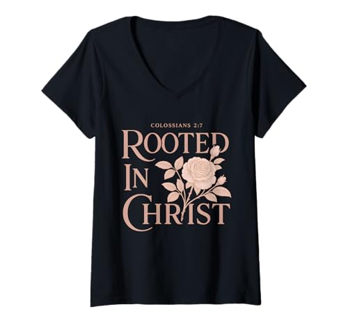 Damen Rooted In Christ Boho Floral Christian Bibelvers T-Shirt mit V-Ausschnitt Damen Rooted In Christ Boho Floral Christian Bibelvers T-Shirt mit V-Ausschnitt von Sacred Originals