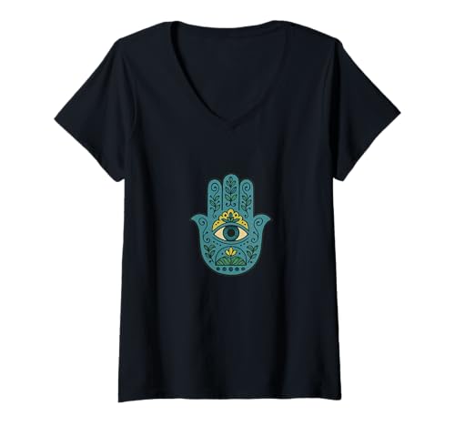 Damen Blaue Hamsa-Schutzhand Spirituelles Glück T-Shirt mit V-Ausschnitt Damen Blaue Hamsa-Schutzhand Spirituelles Glück T-Shirt mit V-Ausschnitt von Sacred Path Treasures