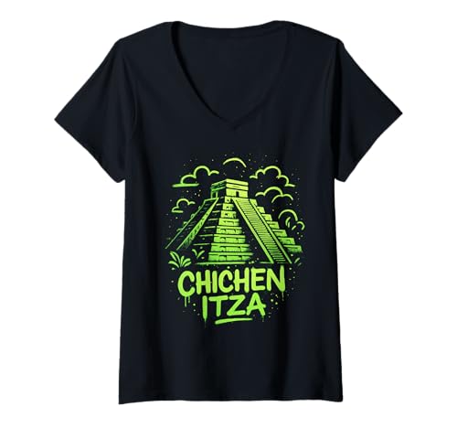 Damen Chichen Itza Maya-Pyramide Kunst T-Shirt mit V-Ausschnitt Damen Chichen Itza Maya-Pyramide Kunst T-Shirt mit V-Ausschnitt von Sacred Pyramid