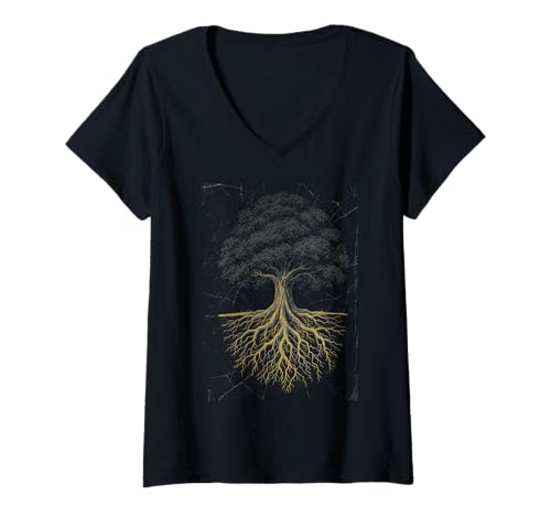Damen Uralter Baum des Lebens, Wurzeln spiritueller Natur, Vintage-Grafik T-Shirt mit V-Ausschnitt von Sacred Roots Nature Art Apparel