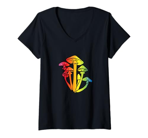 Damen Bunte Regenbogen-Pilze, psychedelische Mykologie, Naturstimmung T-Shirt mit V-Ausschnitt von Sacred Universe Designs