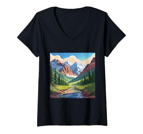 Damen Majestätische Bergtalkunst Schneebedeckte Gipfel, Kiefernbach T-Shirt mit V-Ausschnitt Damen Majestätische Bergtalkunst Schneebedeckte Gipfel, Kiefernbach T-Shirt mit V-Ausschnitt von Sacred Universe Designs