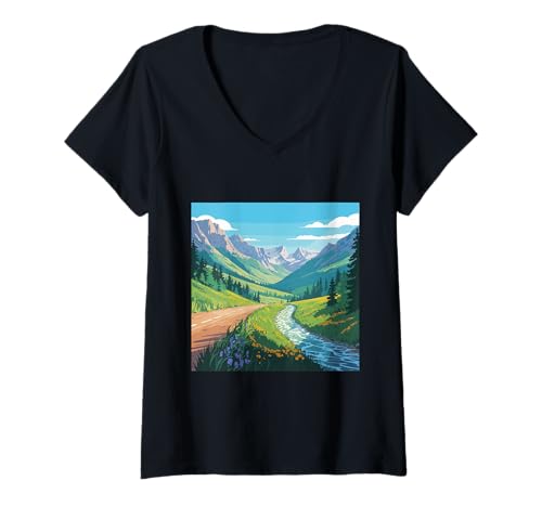 Damen Scenic Mountain Valley Bach Design Natur Kunst Outdoor Wanderung T-Shirt mit V-Ausschnitt von Sacred Universe Designs
