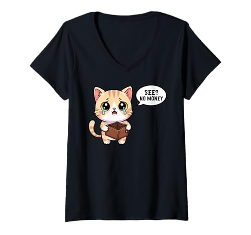 Damen Weine Katze Sieht kein Geld lustig kaputt Student T-Shirt mit V-Ausschnitt Damen Weine Katze Sieht kein Geld lustig kaputt Student T-Shirt mit V-Ausschnitt von Sad Cat Wallet Cartoon Humor Pet Lovers Tee