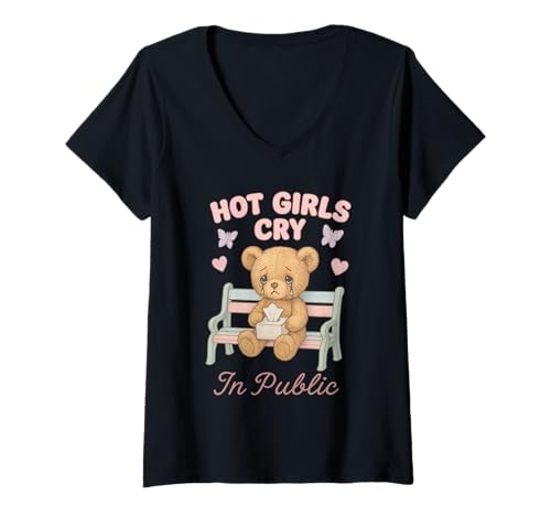 Damen Heiße Mädchen weinen in der Öffentlichkeit Süßer ästhetischer Bär T-Shirt mit V-Ausschnitt von Sad Girl Soft Aesthetic Crybaby Coquette