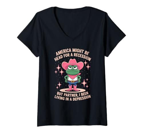Damen Lustiger Cowboy Frosch Spruch Humorvoller Rezession Witz Frauen Männer T-Shirt mit V-Ausschnitt Damen Lustiger Cowboy Frosch Spruch Humorvoller Rezession Witz Frauen Männer T-Shirt mit V-Ausschnitt von Sad Meme Western Comedy Pink Hat Awareness