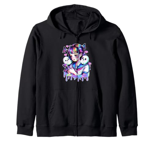 Trauriges Anime-Mädchen mit Geistern Schmetterlingen Glitchcore Aesthetic Kapuzenjacke von SadPixel