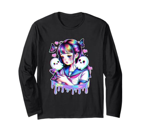 Trauriges Anime-Mädchen mit Geistern Schmetterlingen Glitchcore Aesthetic Langarmshirt von SadPixel