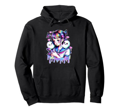 Trauriges Anime-Mädchen mit Geistern Schmetterlingen Glitchcore Aesthetic Pullover Hoodie von SadPixel