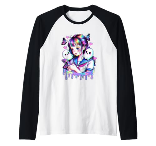 Trauriges Anime-Mädchen mit Geistern Schmetterlingen Glitchcore Aesthetic Raglan von SadPixel