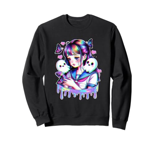 Trauriges Anime-Mädchen mit Geistern Schmetterlingen Glitchcore Aesthetic Sweatshirt von SadPixel