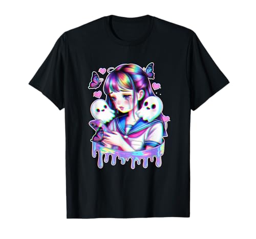 Trauriges Anime-Mädchen mit Geistern Schmetterlingen Glitchcore Aesthetic T-Shirt von SadPixel