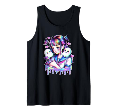 Trauriges Anime-Mädchen mit Geistern Schmetterlingen Glitchcore Aesthetic Tank Top von SadPixel