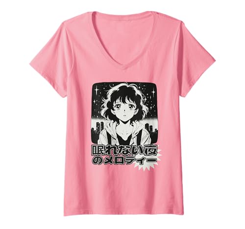 Damen Anime Girl Sadcore Japanisch Schwarz Rosa City Pop Aesthetic T-Shirt mit V-Ausschnitt von Sadcore Anime City Aesthetic for Women and Girls