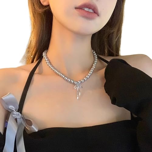 Saddgo Böhmische Halskette, Schleife, Perlen, Halskette, Bowknot-Anhänger, Schlüsselbeinkette, französischer Stil, Schlüsselbeinkette für Frauen und Mädchen von Saddgo